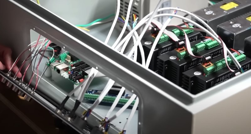The wiring behind the connector panel of the cnc electronics system cabinet